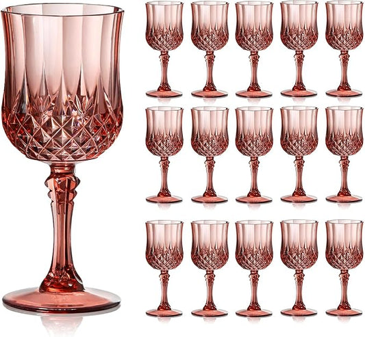 XUWAIDSGN 16 Pcs 7oz Plastic Vintage Wine Glasses Drinking Glasses Unbreakable Wedding Glassware Crystal Water Goblets Reusable Drinkware Vintage Champagne Flutes (16, Rose Gold)