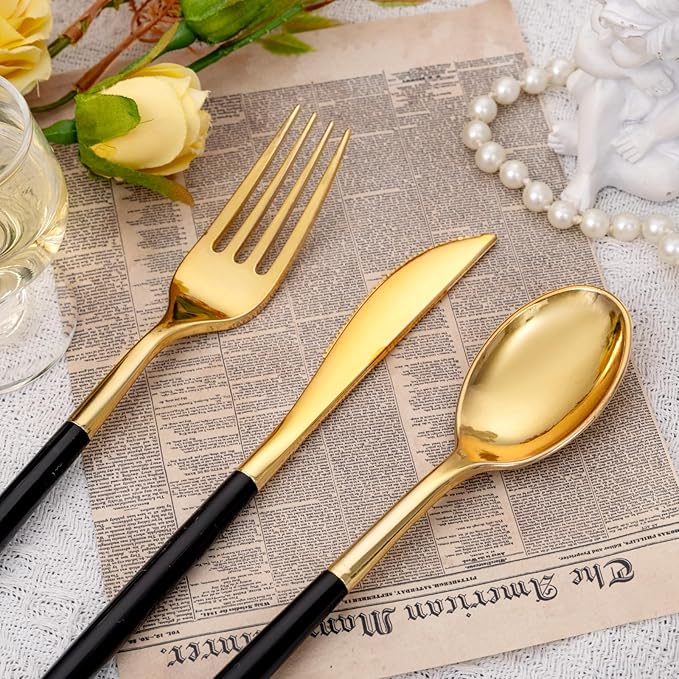 SUT Gold Plastic Silverware (160Pcs) Forks and Spoons Disposable, 80 Gold Plastic Forks, 40 Gold Knives, 40 Gold Spoons, Black and Gold Utensils Set Disposable for Parties, Weddings,New Year