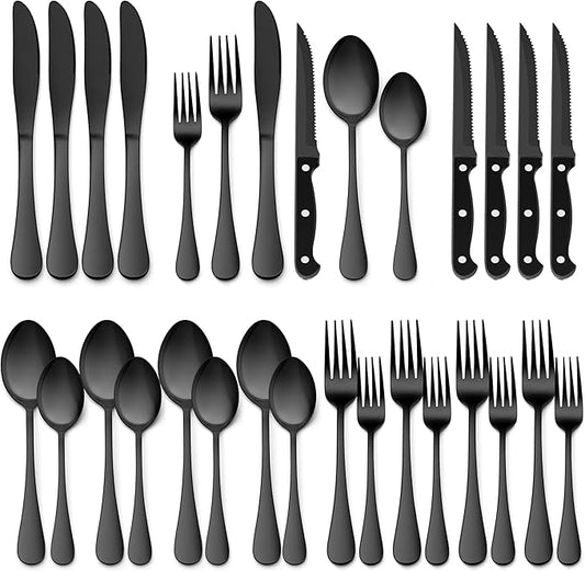 E-far 24-Piece Black Silverware Set with Steak Knives, Stainless Steel Flatware Cutlery Set for 4, Modern Metal Eating Utensils Sets Include Forks and Spoons Knife, Mirror Polished & Rust Proof