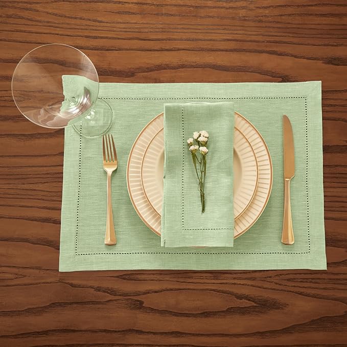 Solino Home Linen Placemats Set of 4 - Milan Hemstitch Pistachio Placemats 14 x 19 Inch - 100% Pure Linen Table Mats for Holiday