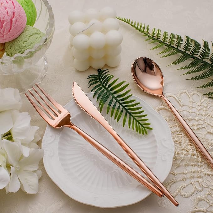 SUT 150Pcs Rose Gold Plastic Silverware, Disposable Cutlery Set, Heavy Duty Plastic Flatware Set，Disposable Rose Gold Utensils Include 50 Forks,50 Spoons, 50 Knives Perfect for Party