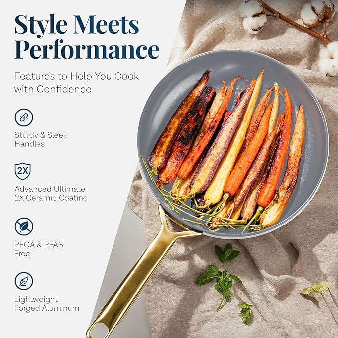 Gotham Steel Modern 11 Pc Ceramic Cookware Set, Elegantly Designed Pots and Pans Set Non Stick with Steamer, Induction Bottom, Premium Stay Cool Handles, Non Toxic PFOA Free, Oven & Dishwasher Safe