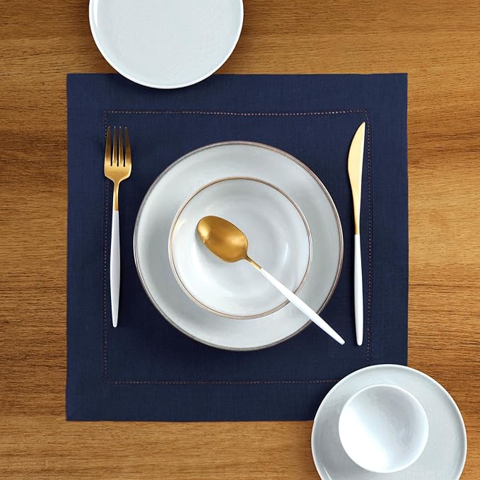 Solino Home Square Placemats Set of 4-100% Pure Linen Navy Blue Cloth Placemats 14 x 14 Inch - Classic Hemstitch, Machine Washable Place Mats for Winter