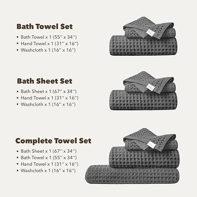 Luxury Organic Japanese Cotton Waffle Bath Towel | Thick, Absorbent, Quick Dry Bathroom Towels for Shower, Sauna, Onsen| Hotel & Spa Quality, Gift-Ready (Smoke Grey, Complete Set (4-Piece))