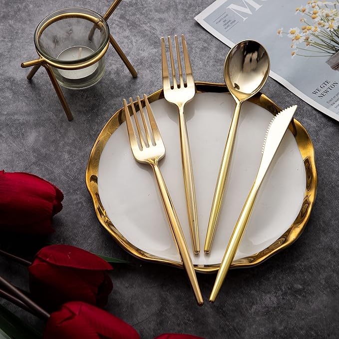 LIYH 360 Pcs Gold Christmas Plastic Silverware - Elegant Gold Silverware Disposable Christmas Utensils Set for Weddings, Parties & Events - Includes Forks, Spoons, Knives, Cutlery Tableware