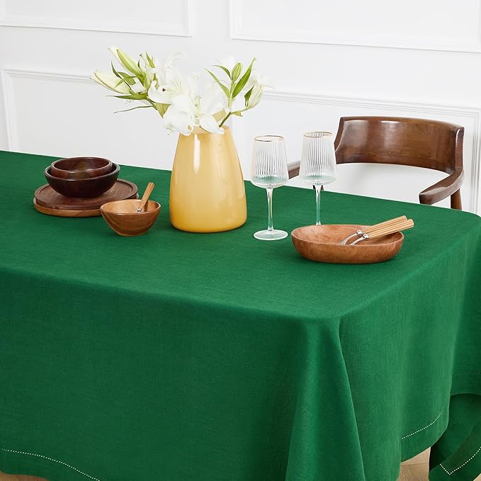 Solino Home Linen Green Tablecloth 70 x 70 Inch - Sonoma Hemstitch, 100% Pure Linen Square Tablecloth - Machine Washable Table Cloth for New Year