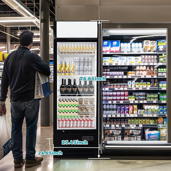 12.5 Cu Ft Commercial Beverage Refrigerator with 1 Glass Doors - Upright Drink Cooler Merchandiser with LED Light Display, 4 Adjustable Shelves, Black, ETL Approved for Business & Retail