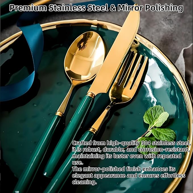 9-Piece Gold Silverware Set with Elegant Emerald Ceramic Handle,Premium Stainless Steel Flatware Set Service for 3,Mirror Polished Dishwasher Safe Luxury Cutlery Set for Home Restaurant