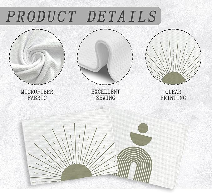 Boho Abstract Sage Green Sun Sunrise Sunshine Rainbow Geometric Shapes Kitchen Towels and Dishcloths Sets of 2,Boho Absorbent Drying Cloth Hand Towels Tea Towels for Bathroom Kitchen,16×24 inches