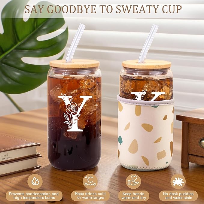 Personalized Gifts for Women, Monogrammed Gifts for Women, Initial 16 oz Glass Cups With Lids and Straws, Customized Mug, Personalized Birthday Gifts Christmas Gifts for Her Mom Friend Woman, Y
