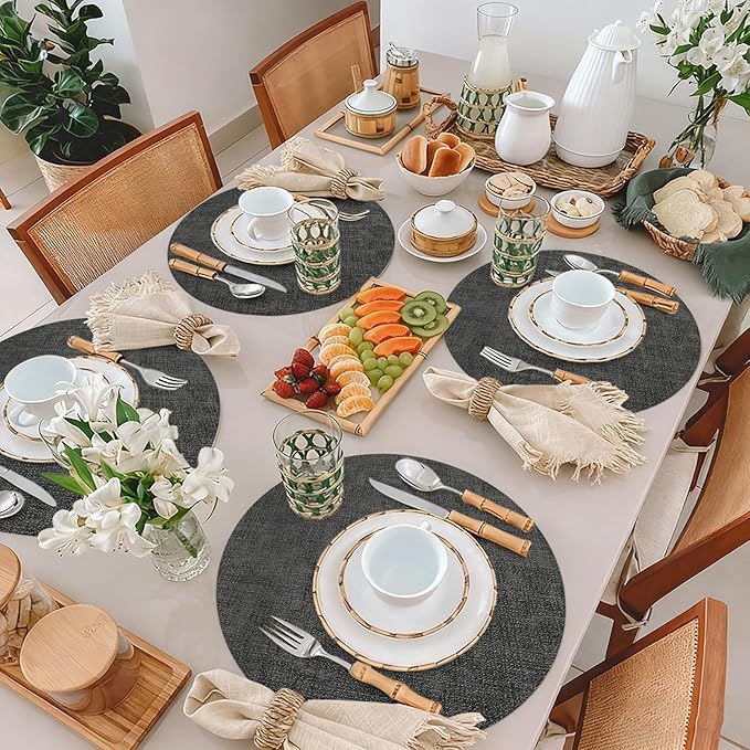 Maxpearl Round Placemats Set of 6, 13.8 inch Faux Leather Heat Resistant Table Mats, Non Slip Waterproof Wipeable Place Mats for Kitchen Dining Holiday Party Table Settings, Black