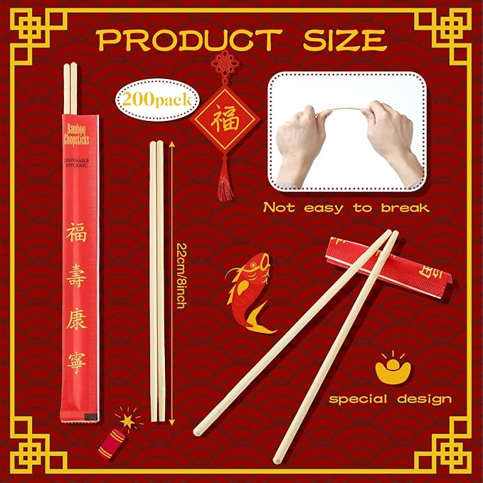 Sabary 200 Pairs Bamboo Chopsticks Disposable Sleeved and Separated Chop Sticks Quality Chopsticks Disposable UV Treated (Joyous)