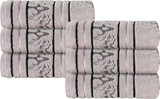 Superior Cotton Hand Towel Set, Small Towels, Plush Soft Absorbent Bathroom Basics, Home Essentials, Spa, Salon, Hotel, Kitchen, Luxury Quick Drying, Zero-Twist, Jacquard Floral, Set of 6, Platinum