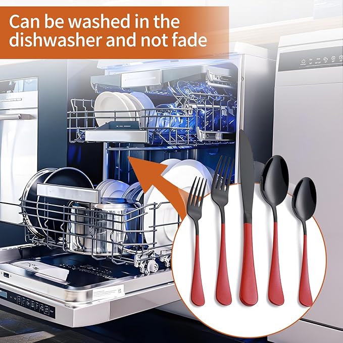 20 Piece Black Red 18/0 Flatware Utensil Set for 4, Include Dinner Knife,Dinner Forks,Dinner Spoons,Salad Forks,Teaspoons,Silverware Set for 4, Dishwasher Safe