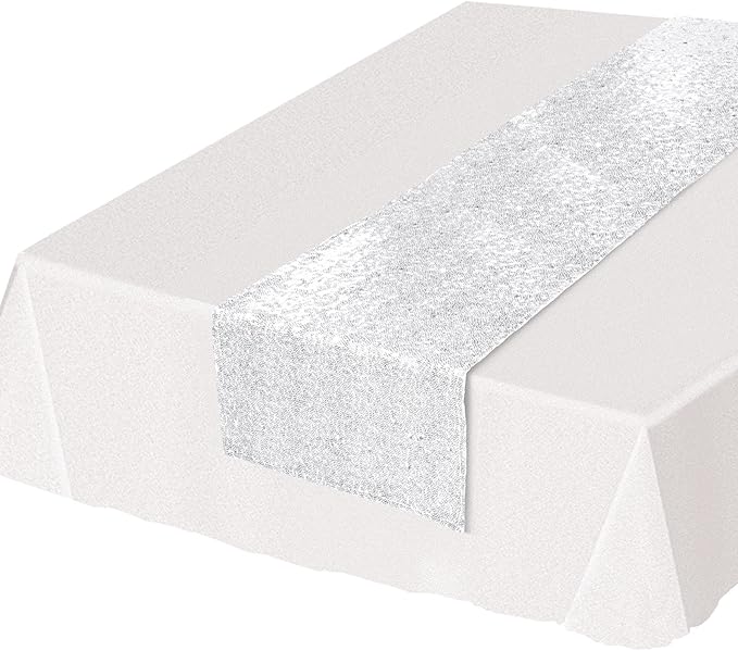 Beistle Sequined Fabric Table Runner for Birthday Parties, Wedding Decorations, Anniversary Party, Holiday Supplies, Bridal Shower Tableware, 11.25" x 75", White