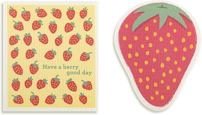 DEMDACO Reusable Biodegradable Kitchen Cleaning Dish Cloth from Design Serving Collection 6 x 7 Inch Cotton Blend Berry Good Day Strawberry Assorted Set of 2
