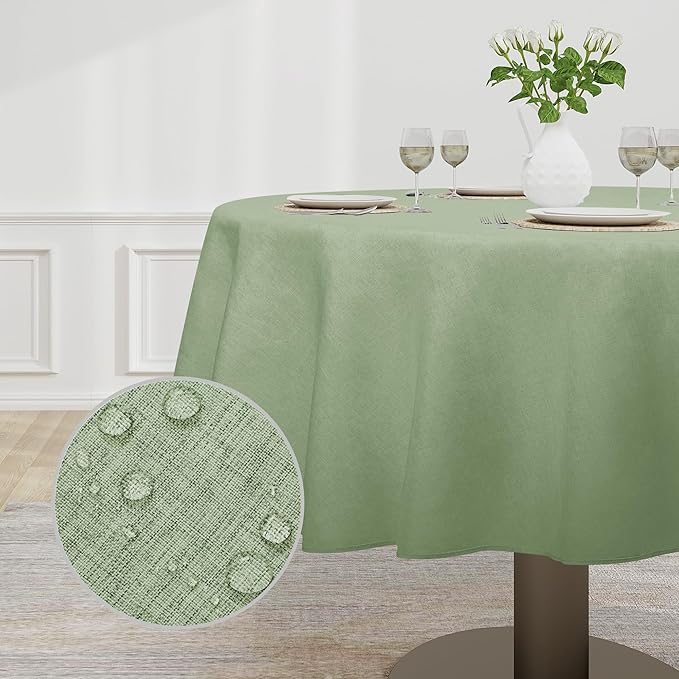 Easy-Going Faux Linen Waterproof Spill-Proof Tablecloth Stain Resistant Round Table Cloth Wrinkle Free Decorative Fabric for Kitchen, Dining, Party, Weddings, Restaurants (60 in-Round, Sage Green)