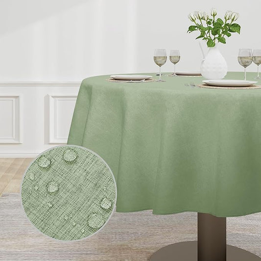Easy-Going Faux Linen Waterproof Spill-Proof Tablecloth Stain Resistant Round Table Cloth Wrinkle Free Decorative Fabric for Kitchen, Dining, Party, Weddings, Restaurants (60 in-Round, Sage Green)