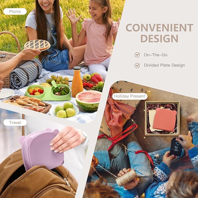 Silicone Foldable Novelty Dinner Plates,Suction Plates for Baby Travel Essential with Forks and Spoons,Microwave & Dishwasher Safe,Green