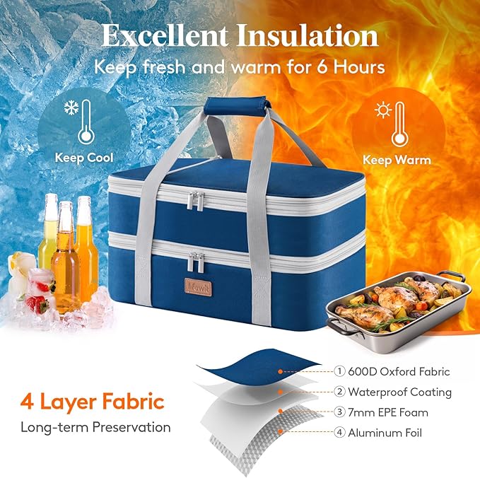 Lifewit Double Decker Insulated Casserole Carrier for Hot or Cold Food, Casserole Dish with Lid and Carrying Case, Lasagna Holder for Potluck Parties/Picnic, Fits 9"x13" Baking Dish, Pure Blue