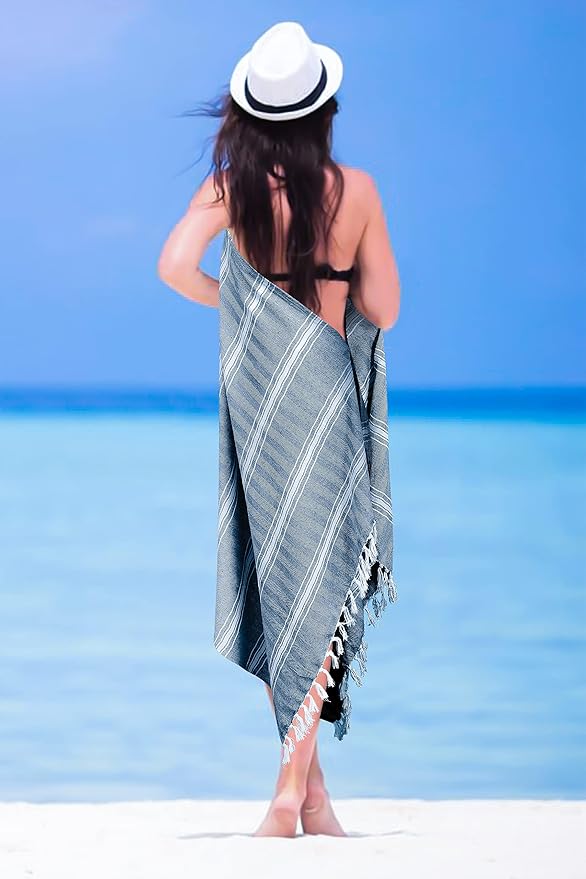 Belizzi Home Peshtemal Turkish Towel Chevron Beach Towels Oversized 36x71 Set of 6, Beach Towels for Adults, Soft Durable Absorbent Extra Large Bath Sheet Hammam Towel - Navy Blue