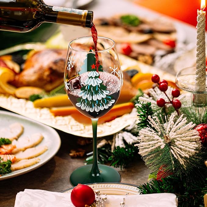 Joeyan Christmas Crystal Red and White Wine Glasses,Hand Painted Glass Goblet Drinking Glasses,Green Xmas Tree and Snowflakes Patterned Glass Tumbler Cups with Stem,Gift for Men Women,19.5 oz,Set of 2