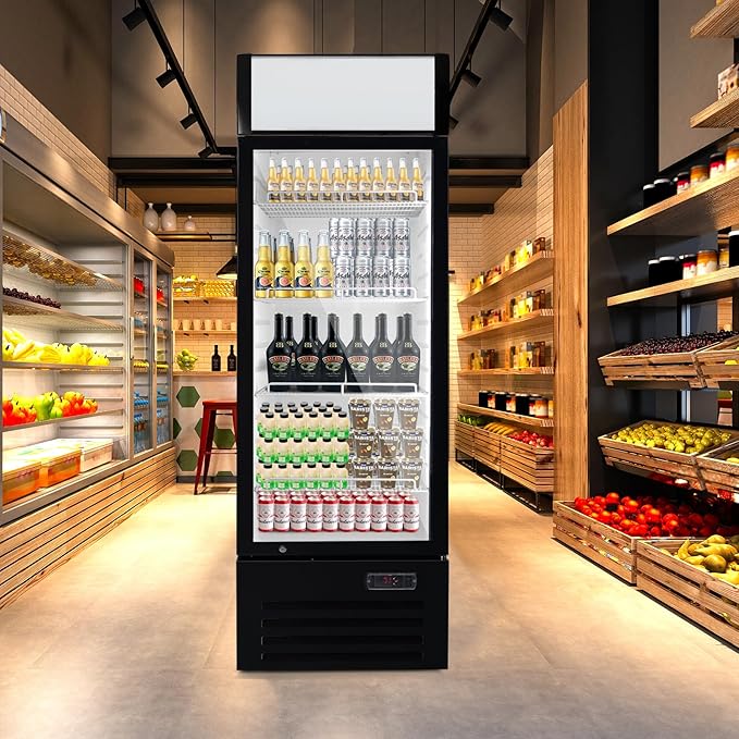 12.5 Cu Ft Commercial Beverage Refrigerator with 1 Glass Doors - Upright Drink Cooler Merchandiser with LED Light Display, 4 Adjustable Shelves, Black, ETL Approved for Business & Retail