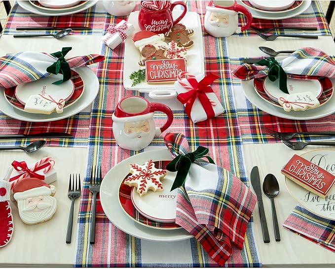 Solino Home Linen Stewart Plaid Table Runner 144 Inches Long - 100% Pure Linen White Tartan Plaid Table Runner 14 x 144 Inch for Dining, Holiday, New Year, Winter