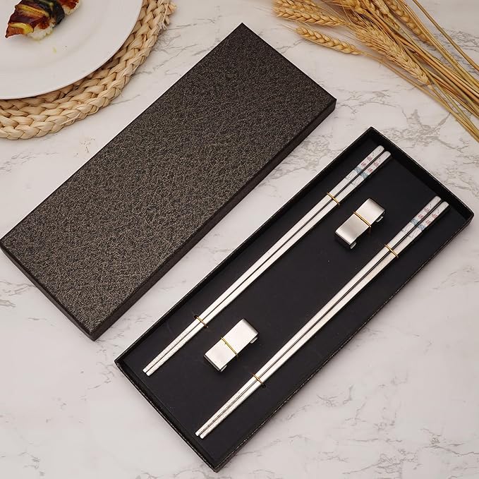Stainless Steel Chopsticks, Titanium Plated Metal Chopsticks, 9.8" Premium Japanese Korean Color Laser Engraved Cooking Chop Sticks, Dishwasher Safe, Reusable, Anti-slip, Anti-scald, 2 Pairs Gift Set