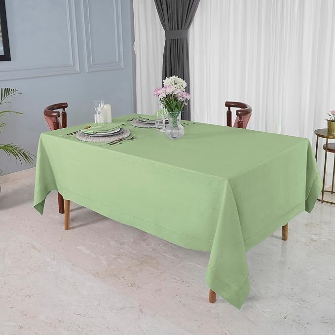 D'Moksha Homes Sage Green Linen Tablecloth for Rectangle Tables 60 x 144 Inch - 100% Pure Linen Green Table Cloth - Classic Hemstitch, Machine Washable Dining Tablecloth for Winter, Holiday