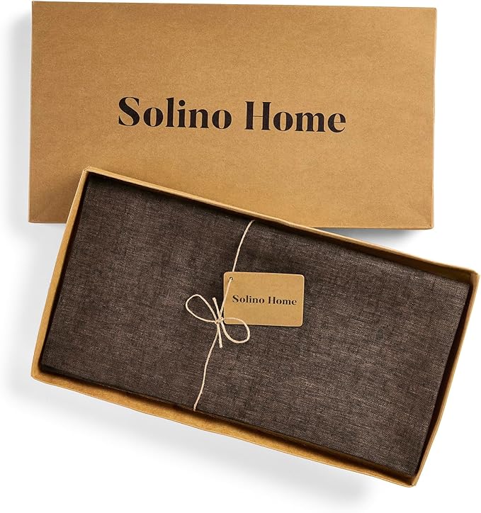 Solino Home Linen Square Tablecloth 52 x 52 Inch - 100% Pure Linen Chambray Brown Table Throw - Athena, Machine Washable Tablecloth