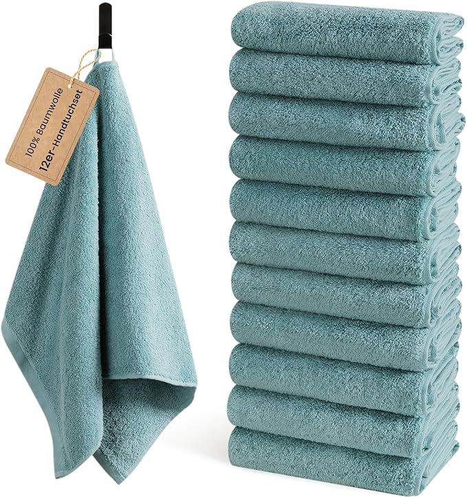 SEMAXE 12 Pack Hand Towels for Bathroom, 100% Cotton Towels with Hanging Loops, Soft and Highly Absorbent, Hand Towel Set for Gym, Shower, Hotel, Spa and Kitchen, Blue