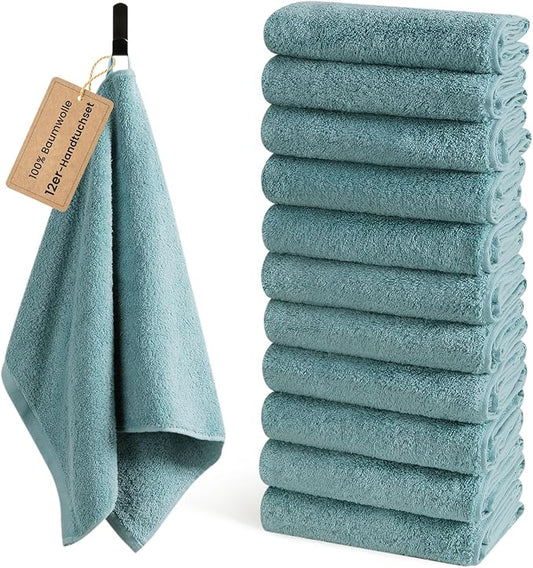 SEMAXE 12 Pack Hand Towels for Bathroom, 100% Cotton Towels with Hanging Loops, Soft and Highly Absorbent, Hand Towel Set for Gym, Shower, Hotel, Spa and Kitchen, Blue