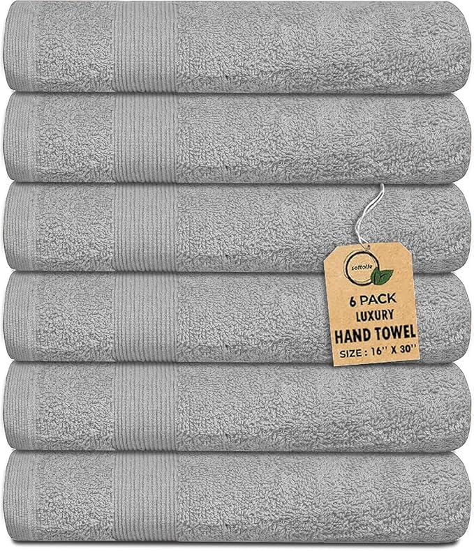 Premium Hand Towels Pack of 6 (16" x 30”) 100% Combed Ring Spun Cotton | Highly Absorbent Hand Towels Set | Ultra Soft for Home, Gym & Spa (Silver Grey)