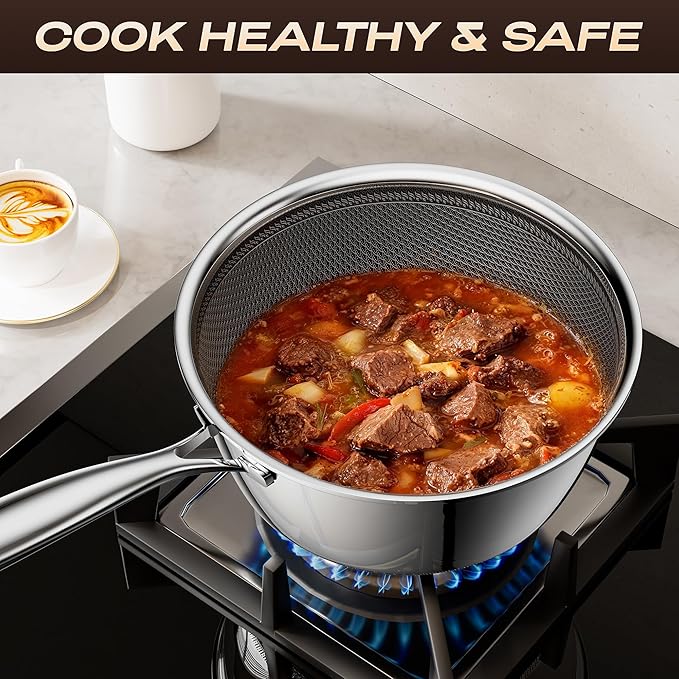 1 Quart Stainless Steel Saucepan with Glass Lid,6 Inch Hybrid Nonstick Sauce Pan,PFAS PFOA PTFE Free,Stay-Cool Handle,Dishwasher-Friendly,Oven-Safe,Small Pots Compatible with All Cooktops