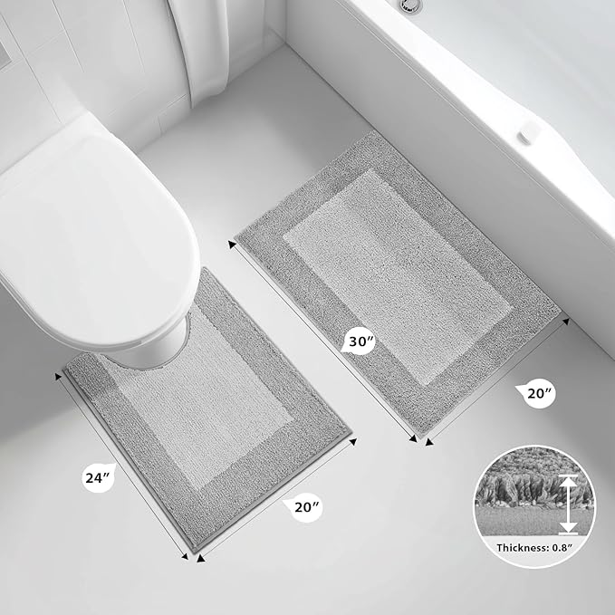 Bathroom Rugs U-Shaped 20" x 24", Non-Slip Extra Soft Absorbent Bath Rugs, Machine Washable Quick Dry Bath Mats for Toilet Base, Light Grey & Grey