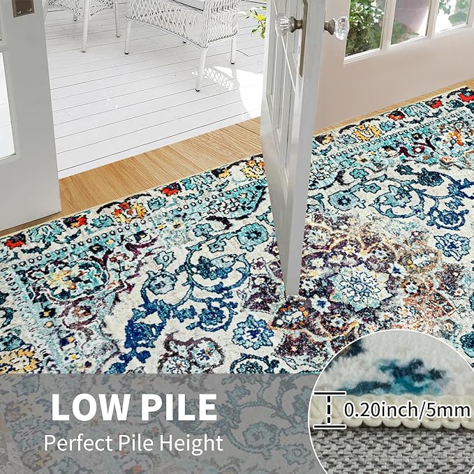 Easy-Going Area Rug 6x9 Washable Boho Rugs for Living Room Non-Slip Bedroom Rug Low Pile Lightweight Medallion Distressed Throw Rug for Dining Room Kitchen Home Office Carpet, Vintage Multi