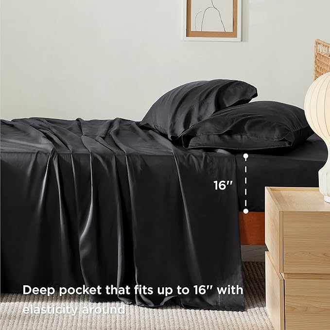Bedsure Cooling Sheets Twin XL, Rayon Derived from Bamboo, Breathable & Soft Twin XL Sheet Sets, Deep Pocket Up to 16 Inches, Hotel Luxury Silky Dorm Bedding for Hot Sleepers, Black