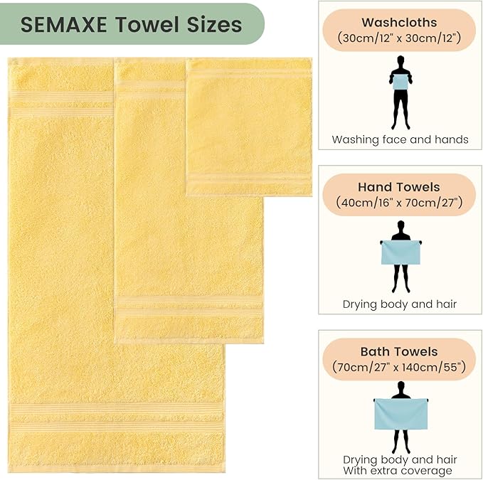 SEMAXE Solid 18-Piece Towel Set, Warm Yellow, 600GSM 100% Cotton, 6 Each of Bath Towel, Hand Towel, and Washcloths, Gift Box Packaging, Hanging Loop Design