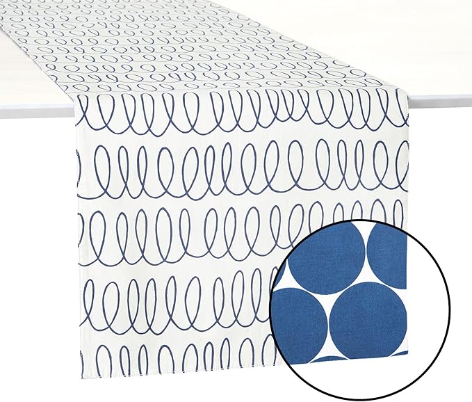 Kate Spade New York in The Loop & Joy Dot Reversible Table Runner, 100% Cotton, Machine Washable, Cream/Navy Blue, 15"x72"