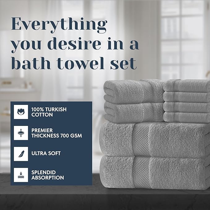 White Classic Luxury Bath Towel Set of 8 Pieces - 100% Turkish Cotton Highly Absorbent Towels for Bathroom, 2 Luxury Bath Towels 700GSM, 2 Hand Towels, 4 Washcloths, Light Gray