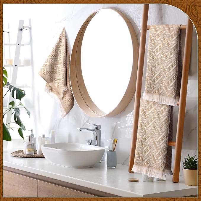 4 Pack Boho Bathroom Hand Towel 14 x 30 Inch 100% Turkish Cotton Decorative Boho Kitchen Hand Towel Farmhouse Bathroom Decor Set Absorbent Soft Guest Tea Gift(Brown,White)