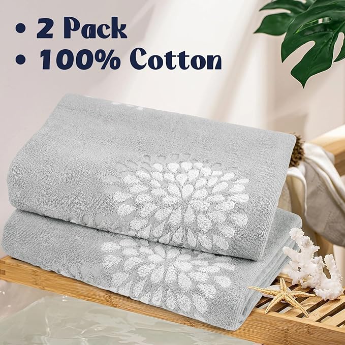 Cute Bath Towels Set of 2 (Light Grey) - Large 55” x 28”, Decorative Hydrangea Floral Jacquard, Guest Room & Bathroom Decor, Cotton