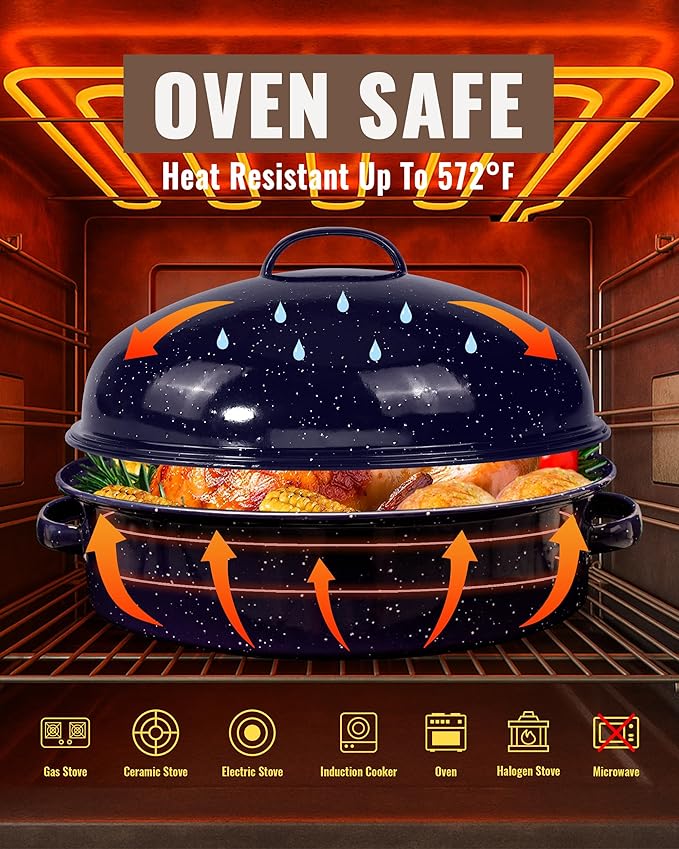 Roasting Pan with Lid and Rack 18" Deep Large Oval Enamel Roaster Pan, Oven Dishwasher Safe Non-Stick Non-Toxic Roast Pot for Turkey Steak Roasts & Bread, Wife's Christmas Gift