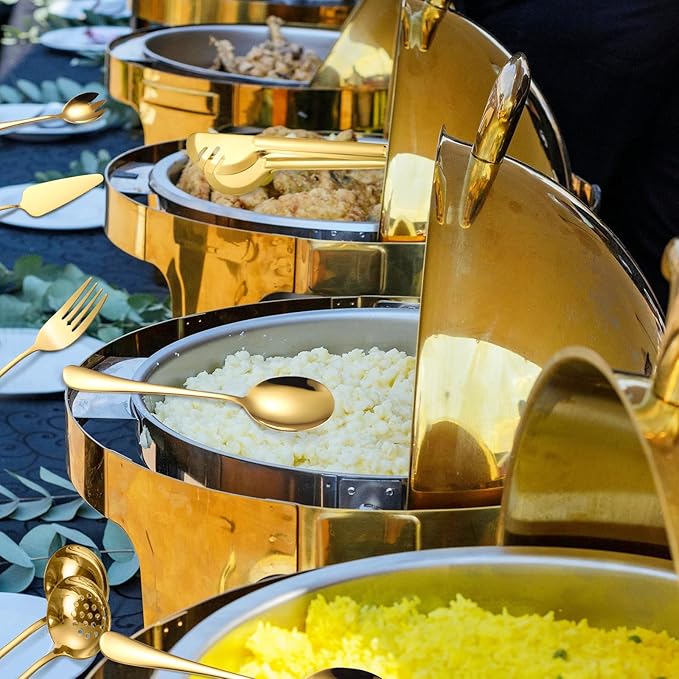 A· HOUSEWARE Gold Kitchen Utensils Serving Set 10 Piece Catering Silverware Stainless Steel Flatware for Buffet Party include Tong Serving Spatula Skimmer Ladles Big Fork Cheese Knife Dessert Spoon