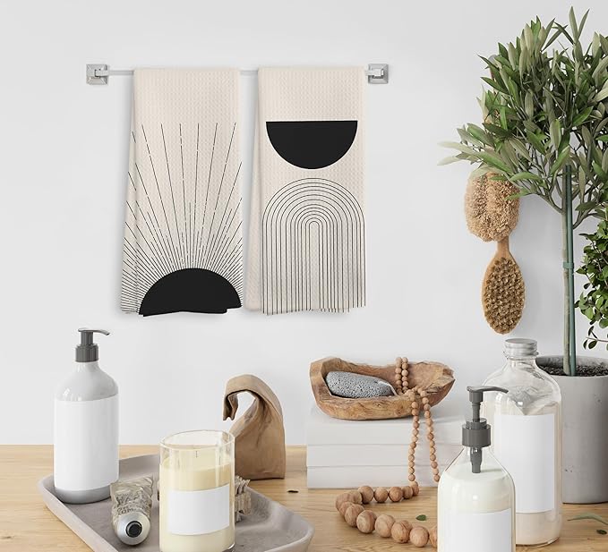 Black Boho Sun Sunray Geometric Arch Semi Circle Kitchen Towels and Dishcloths Set of 2, Absorbent Drying Cloth Hand Towels Tea Towels for Bathroom Kitchen, Gifts for Women Girls, 1624 inches