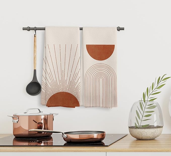 Bohemian Orange Fall Abstract Sunrise Kitchen Towels and Dishcloths Set of 2, Bohemian Sun Decorative Towels, Fall Moon Line Drying Cloth Hand Towels for Bathroom Kitchen Decor, 16×24 Inches