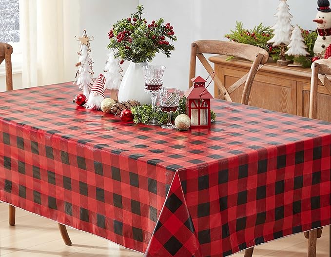 Newbridge Holiday Buffalo Plaid Vinyl Christmas Tablecloth with Flannel Backing, Red & Black Rustic Cottage Check, Wipe Clean, 60 x 102 Inch Rectangle