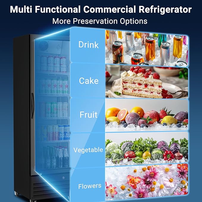 BODEGACOOLER Commercial Beverage Refrigerator with Glass Door,12.5 Cu.Ft Display Merchandiser Drink Refrigerator,Upright Commercial Bar Fridge,Display Drink Cooler,Soft LED Light,Romovable Shelves