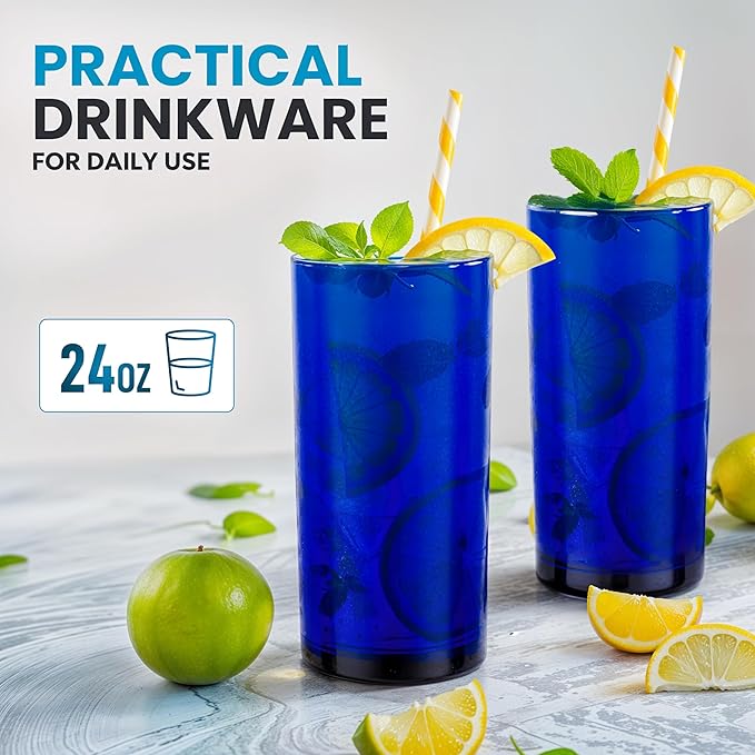 Zulay Kitchen Acrylic Plastic Glasses Drinkware - 6 Piece Unbreakable Plastic Tumblers - BPA-Free, Reusable Plastic Drinking Glasses for Home & Outdoors - Lead-Free & Dishwasher Safe - Dark Blue 24 oz